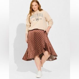 Torrid Midi Stretch Satin Hi-Low Ruffle Skirt Brown White Polka Dot Pockets New